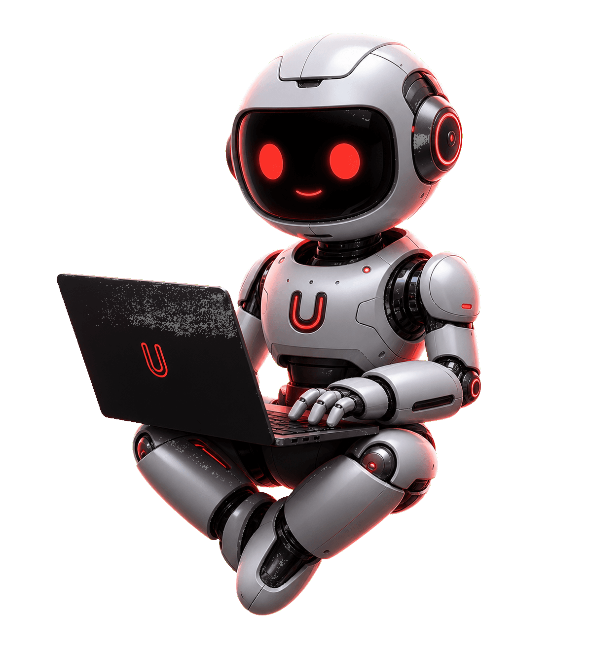 Friendly Urmate AI robot using a laptop